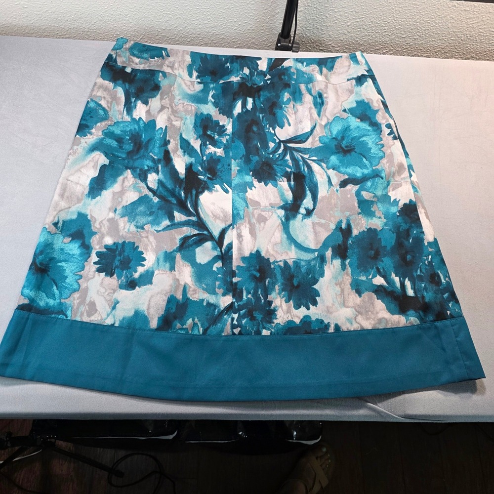 Ann Taylor Womens Teal Floral A-Line Skirt Lined Size 14 Blue Grey Botanical